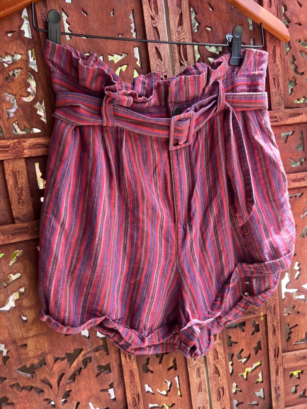 Urban Outfitters High-Waist Striped Paperbag Shorts in Pink Multi Linen Cotton